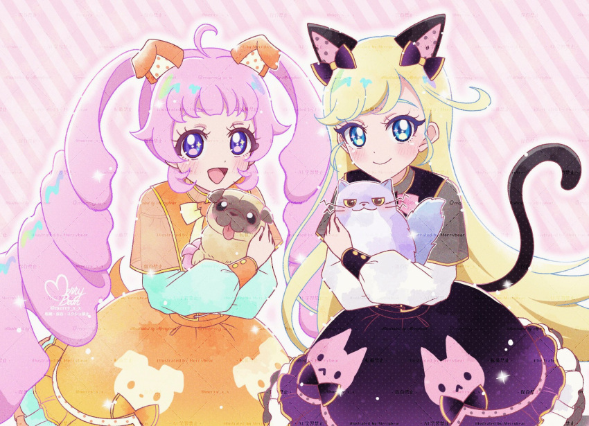 2girls, :d, animal, animal_ears, aozora_himari, artist_name, blonde_hair, blue_eyes