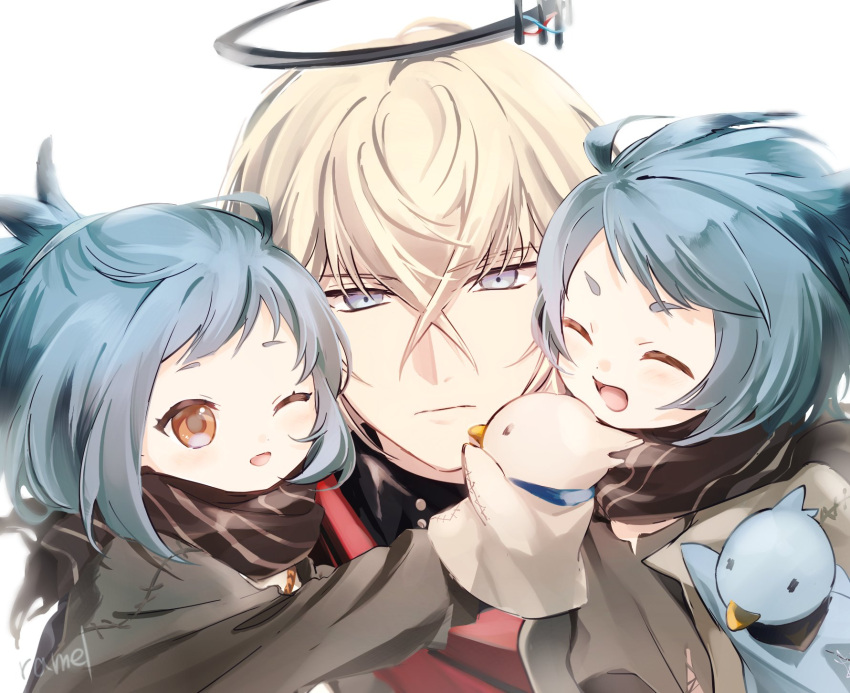1girl, 2boys, arknights, artist_name, blue_hair, child, closed_eyes, closed_mouth