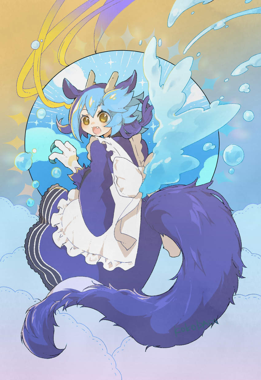 1girl, apron, blue_hair, blush, bubble, claws, dragon, dragon_girl