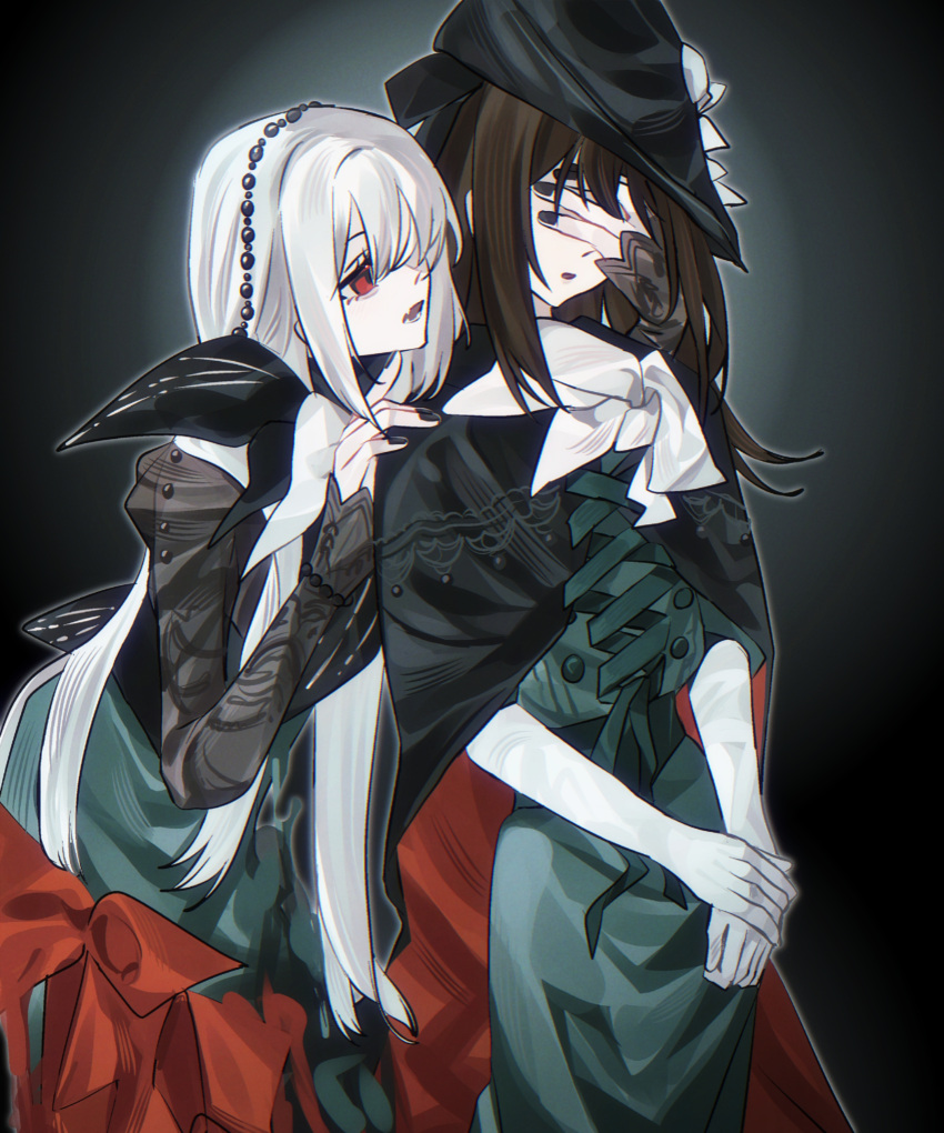 2girls, absurdres, behind_another, black_cape, black_hair, black_hat, black_shirt, blue_nails, cape, covering_another's_eyes, cowboy_shot, dual_persona, gloves, green_skirt, hand_on_another's_shoulder, hand_over_another's_eyes, hat, highres, holding_hands, jidi_huiyouzheng, long_hair, long_sleeves, looking_at_another, multiple_girls, neckerchief, pearl_hair_ornament, red_eyes, reverse:1999, see-through_clothes, see-through_sleeves, semmelweis_(reverse:1999), shirt, skirt, tricorne, white_gloves, white_hair, white_neckerchief