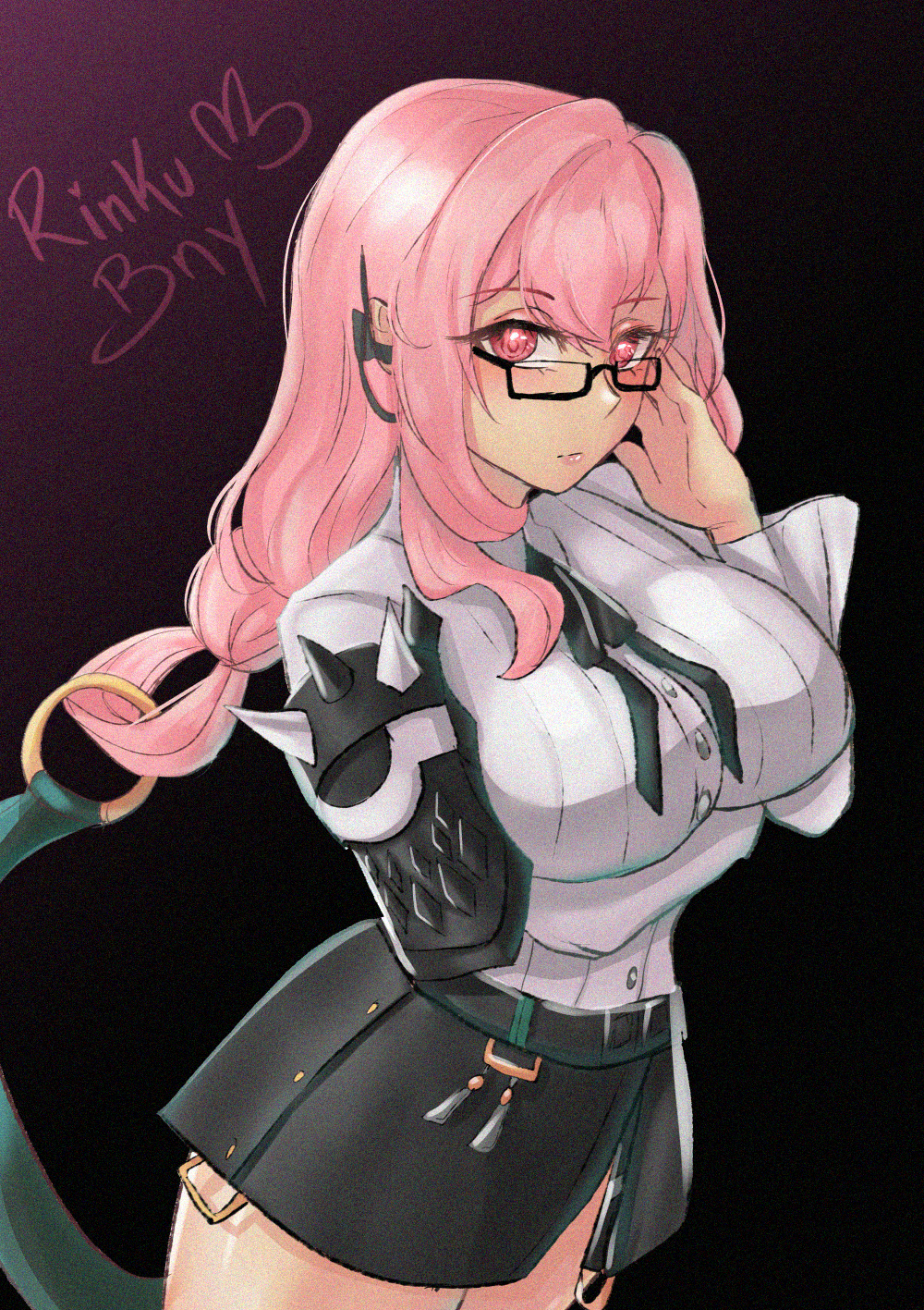 1girl, armor, black_skirt, breasts, closed_mouth, cowboy_shot, dress_shirt, glasses