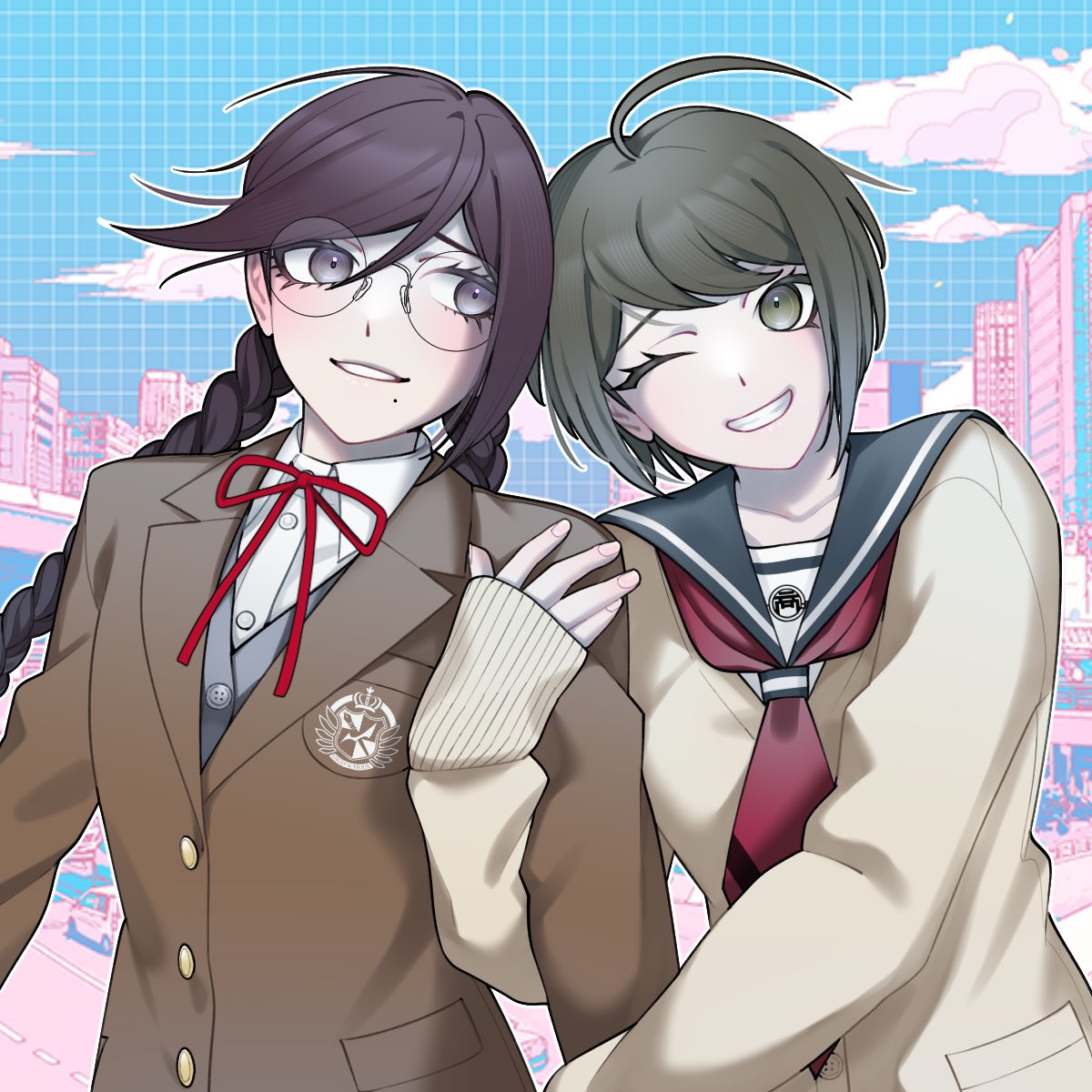 2girls, ahoge, alternate_costume, blue_sailor_collar, braid, brown_jacket, collared_shirt, danganronpa_(series), danganronpa_3_(anime), danganronpa_another_episode:_ultra_despair_girls, fukawa_toko, glasses, green_eyes, green_hair, highres, hope's_peak_academy_school_uniform, jacket, ling_yun_(amadare0803), long_braid, long_hair, long_sleeves, looking_at_another, mole, mole_under_mouth, multiple_girls, naegi_komaru, neck_ribbon, one_eye_closed, red_ribbon, ribbon, round_eyewear, sailor_collar, school_uniform, serafuku, shirt, short_hair, smile, teeth, twin_braids