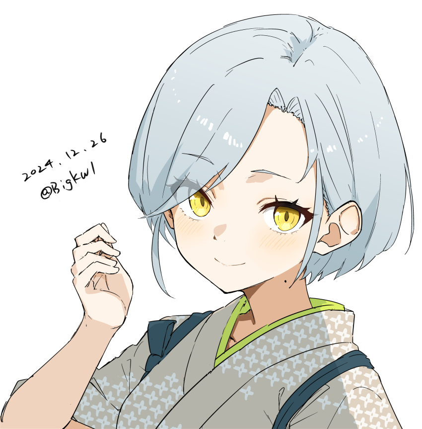 1girl, absurdres, bigkwl, dated, forehead, grey_hair, grey_kimono, highres