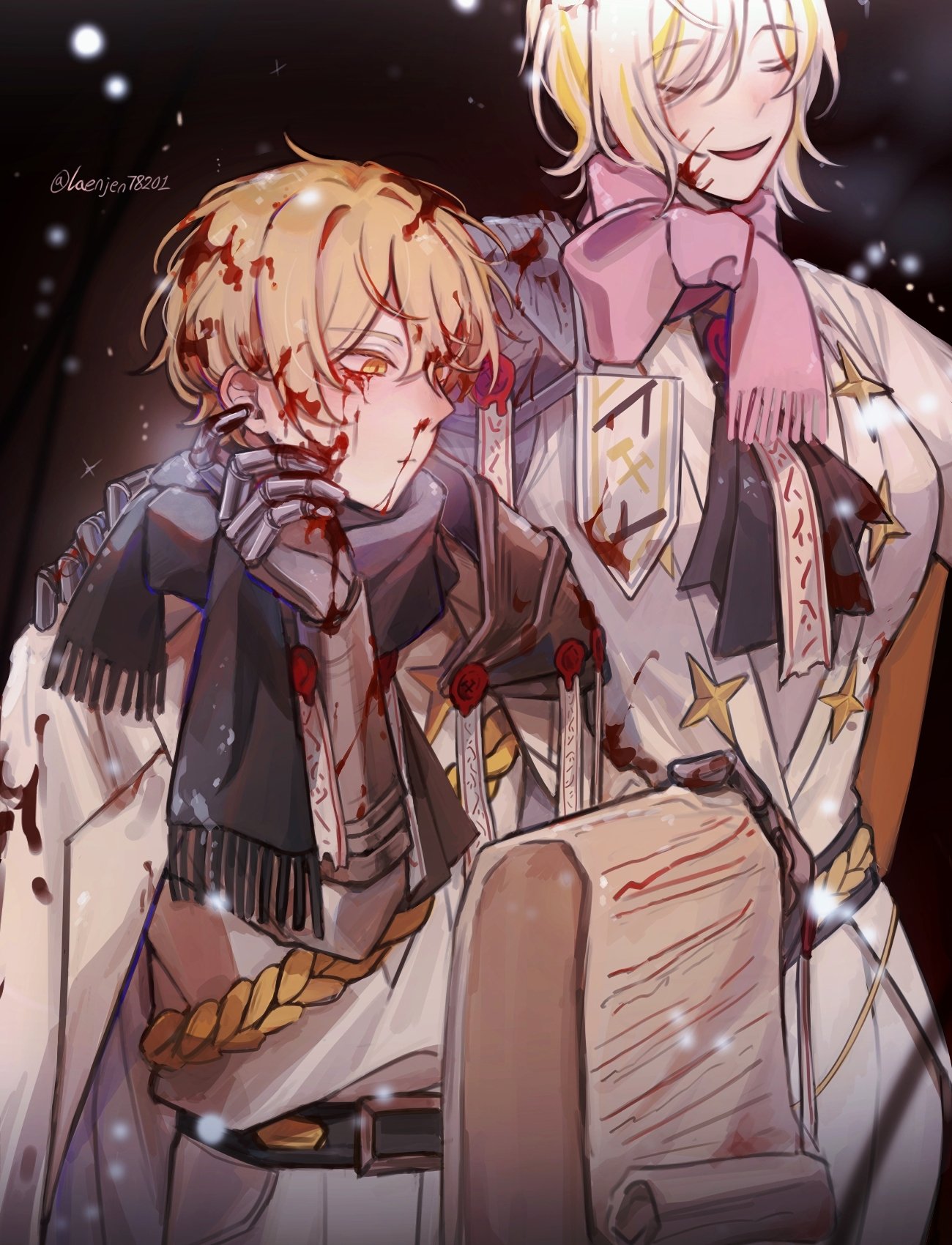 1boy, 1girl, ascot, black_ascot, blonde_hair, blood, blood_on_clothes, blood_on_face