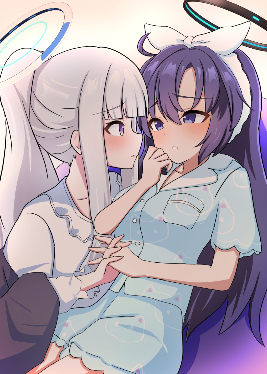 2girls, aqua_pajamas, black_halo, blue_archive, blue_eyes, blue_pajamas, blue_shirt, blush