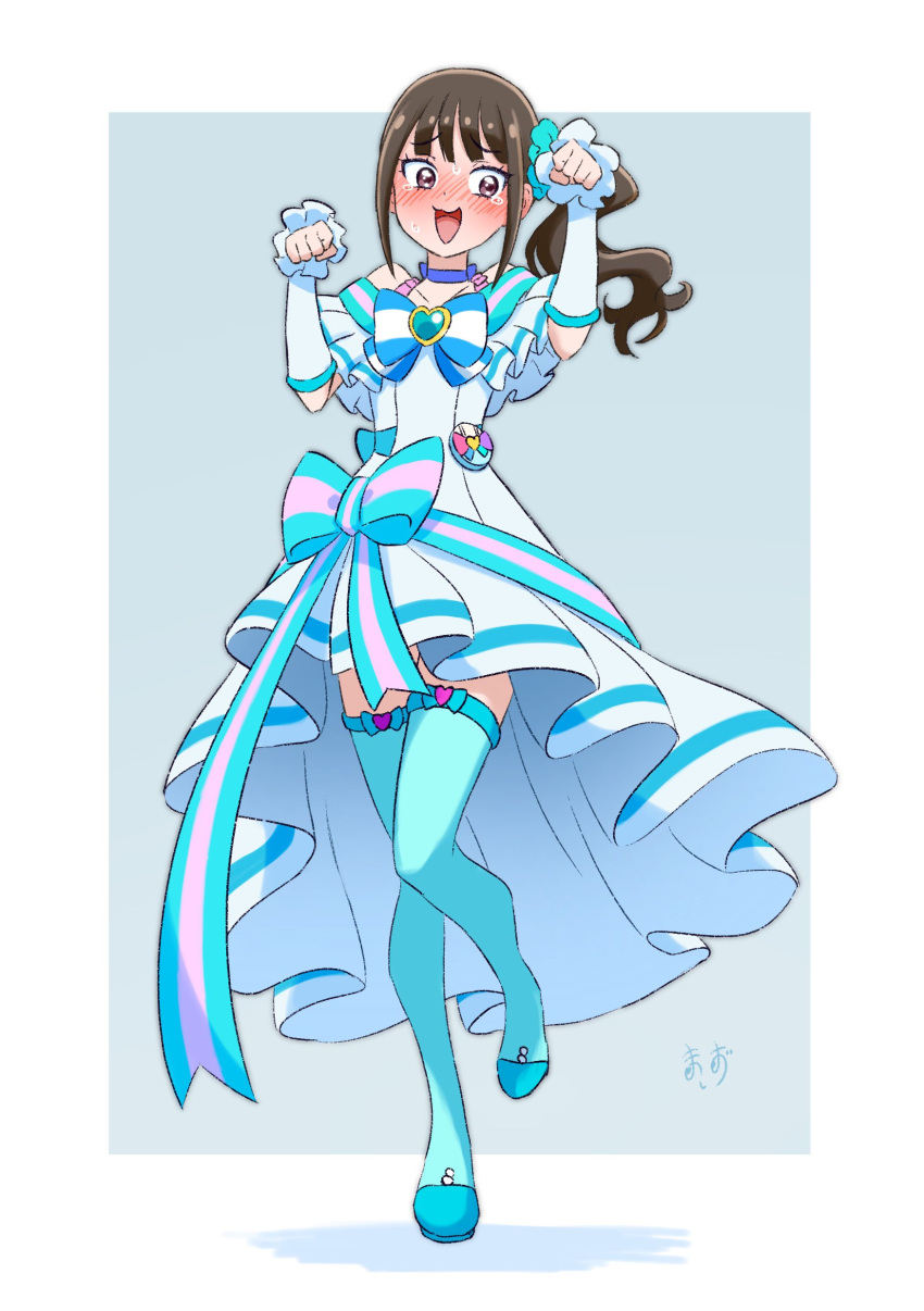 1girl, absurdres, aqua_thighhighs, blue_choker, blush, bow, bow_legwear, brown_hair, choker, cosplay, cure_lillian, cure_lillian_(cosplay), dress, dress_bow, embarrassed, full_body, highres, long_hair, looking_at_viewer, nekoyashiki_mayu, open_mouth, pleated_dress, ponytail, precure, self_cosplay, side_ponytail, solo, thigh-highs, white_arm_warmers, white_background, wonderful_precure!, zerolay