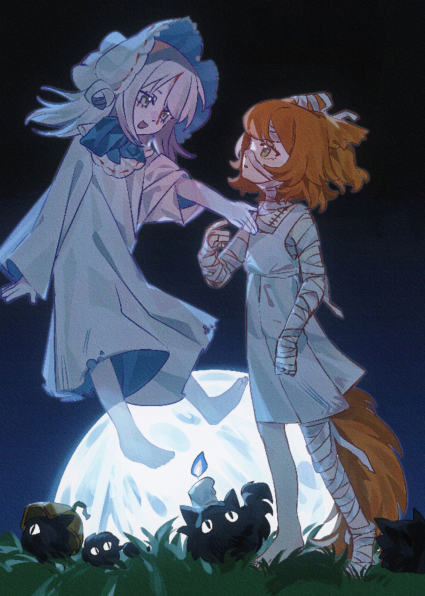 2girls, :d, absurdres, aged_down, alternate_costume, animal_ears, bandaged_arm, bandaged_ear, bandaged_head, bandaged_leg, bandaged_neck, bandages, barefoot, bonnet, carbuncle_(reverse:1999), creature, dress, eye_contact, face-to-face, floating, full_moon, grass, green_eyes, grey_eyes, grey_hair, hair_bun, hand_up, hat, highres, jidi_huiyouzheng, kemonomimi_mode, long_dress, long_sleeves, looking_at_another, medium_hair, moon, multiple_girls, night, night_sky, outdoors, outstretched_arm, profile, reverse:1999, short_dress, single_side_bun, sky, sleeveless, sleeveless_dress, smile, sonetto_(reverse:1999), standing, vertin_(reverse:1999), white_dress, white_hat, wolf_ears