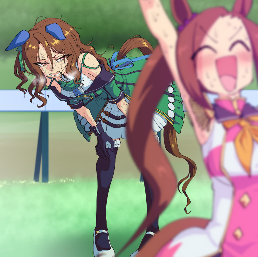 2girls, absurdres, ahiru_7, animal_ears, black_thighhighs, brown_hair, dress, green_dress