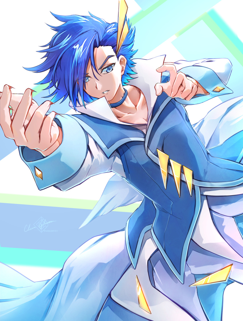 1boy, artist_name, blue_choker, blue_eyes, blue_hair, choker, clear_glass_(mildmild1311), commentary_request