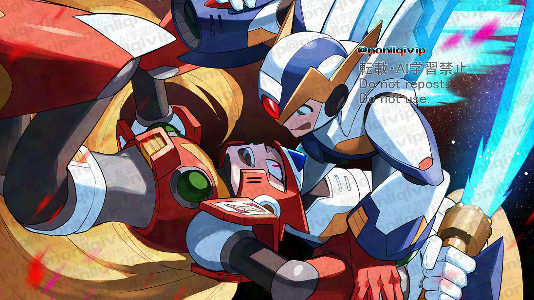 2boys, arm_cannon, armor, battle, blonde_hair, chest_jewel, energy_sword, falcon_armor_x_(mega_man)