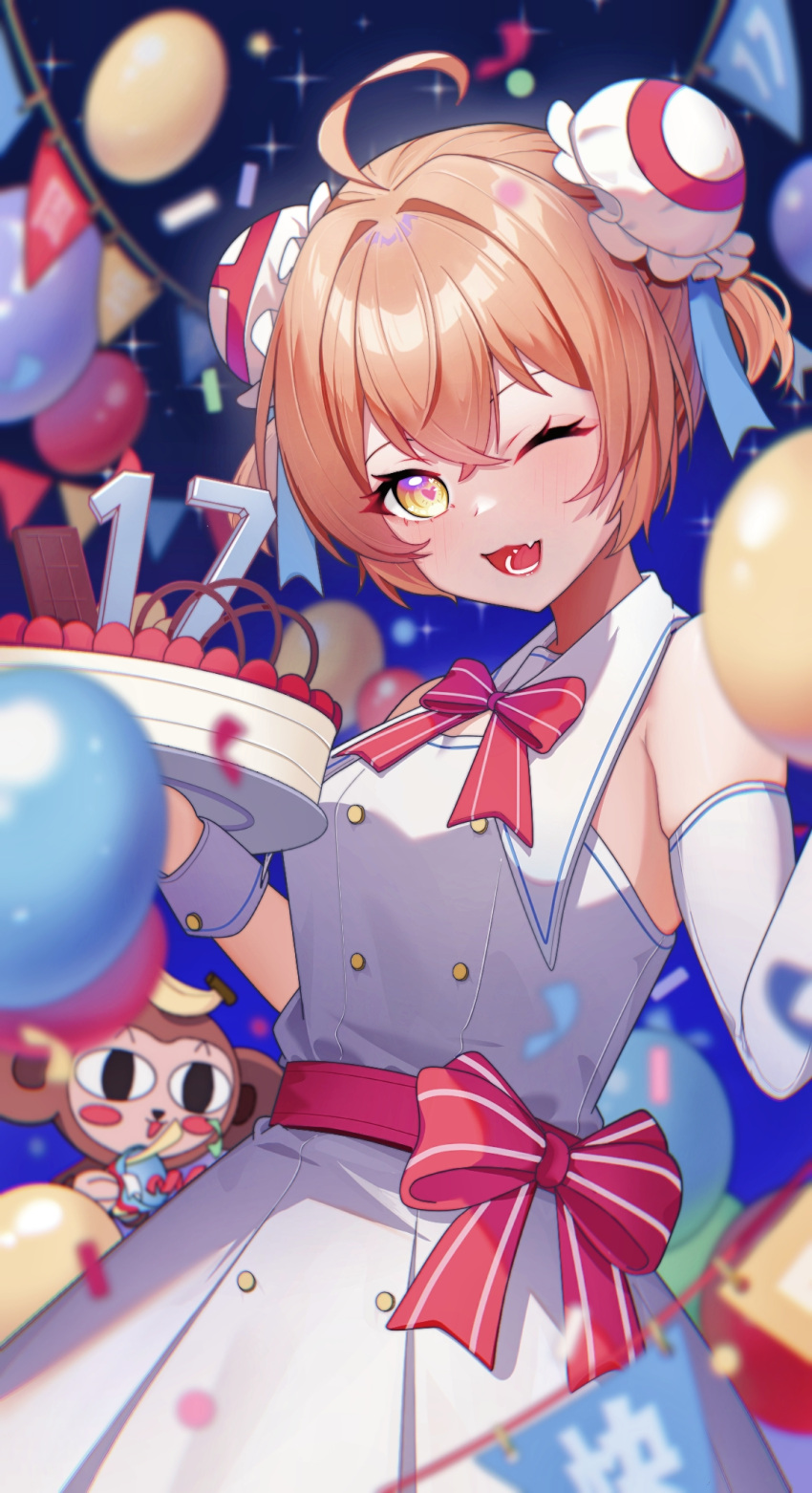 1girl, ;d, acfun, acfun_girl, anniversary, bare_shoulders, blue_background, blue_ribbon