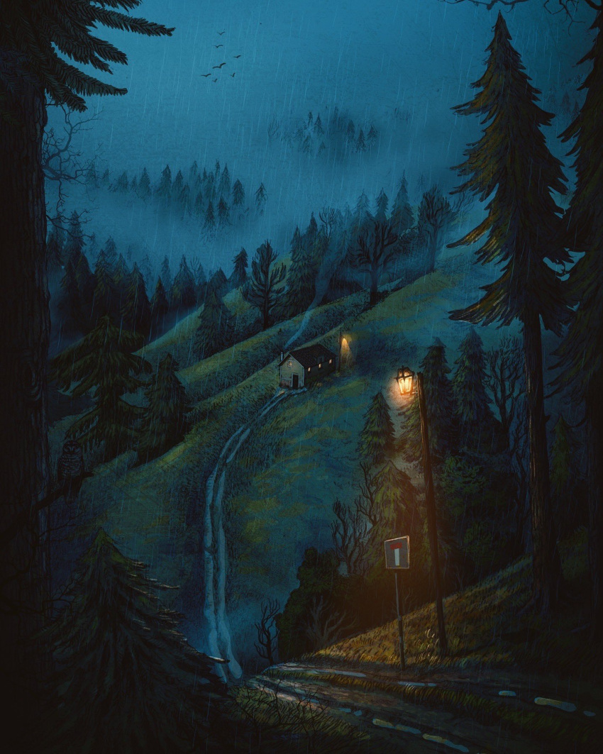 bird, chimney, fog, forest, francisco_fonseca, highres, house, lamppost