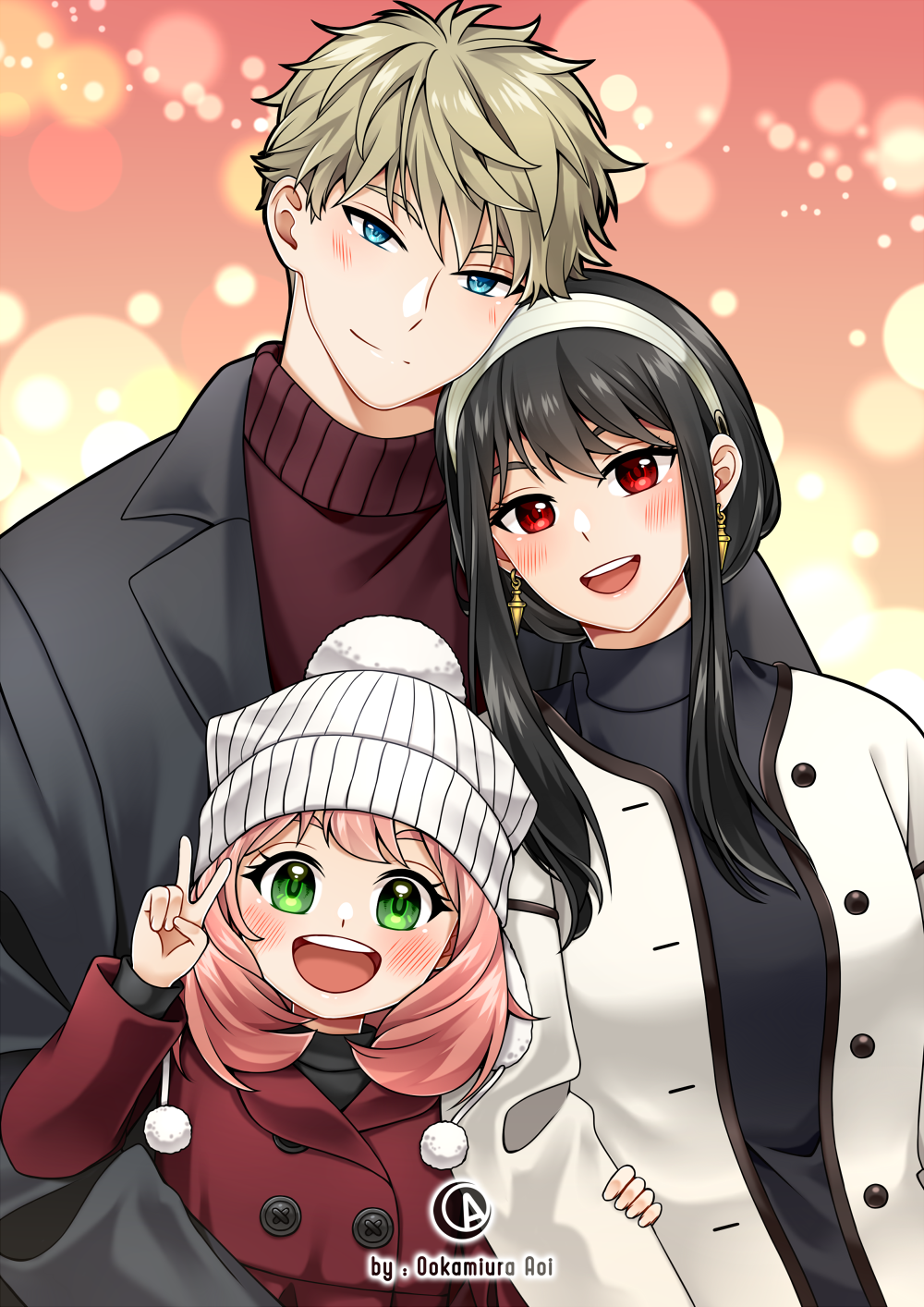 1boy, 2girls, :d, anya_(spy_x_family), beanie, black_hair, black_jacket, black_sweater