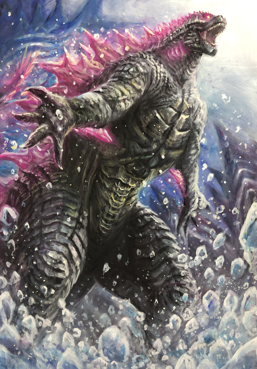 absurdres, bioluminescence, claws, elbow_spikes, fangs, g.n.a, giant, giant_monster