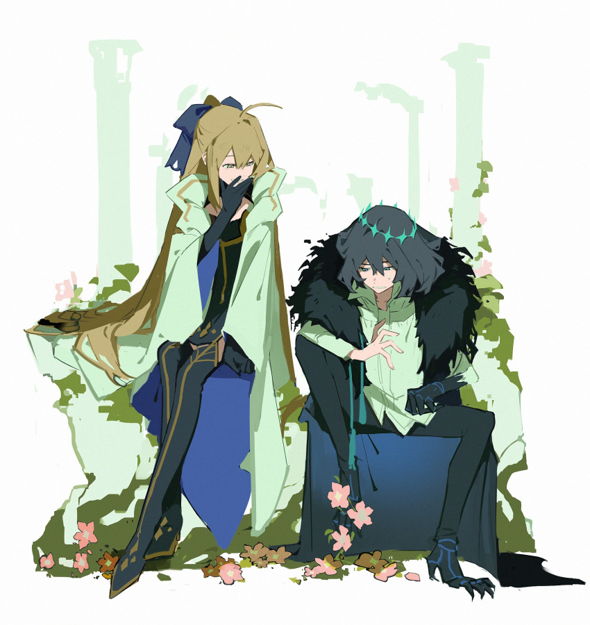 1boy, 1girl, ahoge, aqua_hairband, arthropod_boy, artoria_caster_(fate), artoria_caster_(third_ascension)_(fate), artoria_pendragon_(fate)