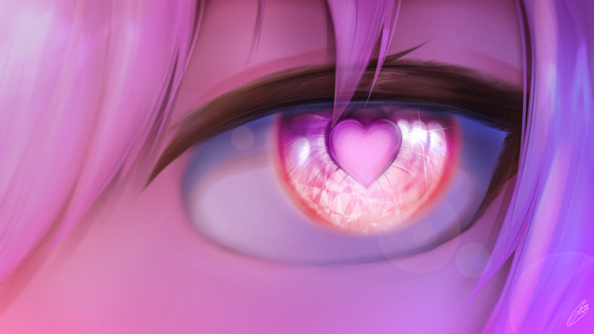 1girl, absurdres, alternate_eye_color, blue_archive, close-up, eye_focus, eye_reflection, eyelashes, hair_between_eyes, heart, heart-shaped_pupils, highres, hoshino_(blue_archive), looking_at_viewer, pink_eyes, pink_hair, pink_pupils, reflection, signature, solo, symbol-shaped_pupils, the_x_(jene)