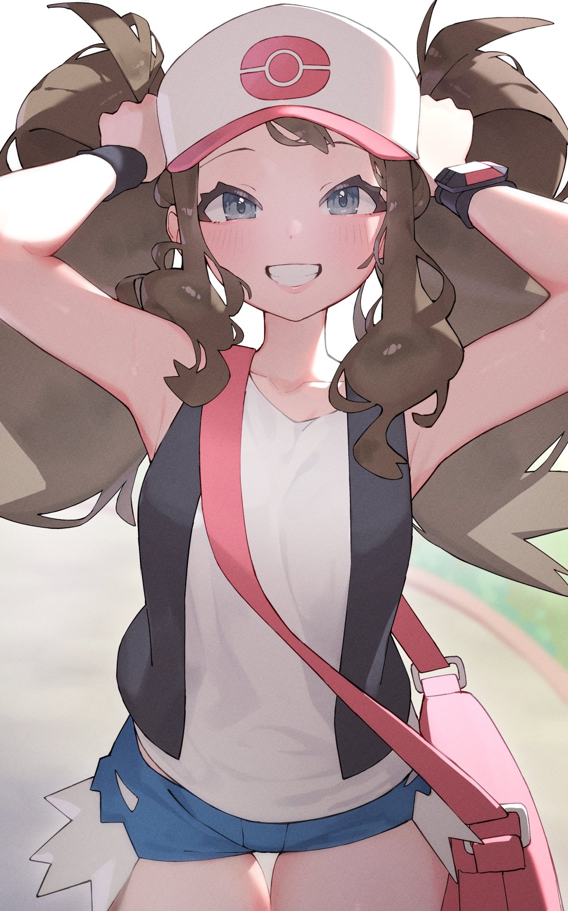 1girl, baseball_cap, black_vest, blue_eyes, blue_shorts, blurry, blurry_background, blush