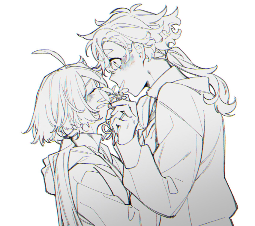 2girls, ahoge, blush, closed_eyes, commentary, greyscale, gundam, gundam_suisei_no_majo