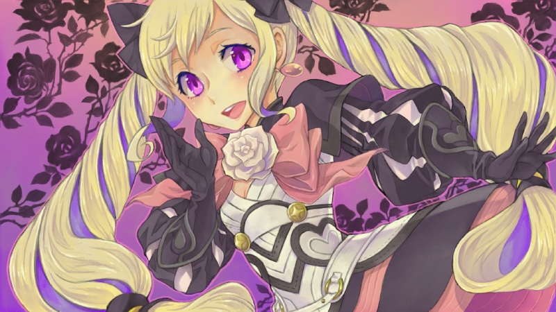 1girl, aristocratic_clothes, black_dress, black_gloves, blonde_hair, bow, cowboy_shot, dress, drill_hair, earrings, elise_(fire_emblem), fire_emblem, fire_emblem_fates, floral_background, flower, gloves, hair_bow, hand_up, jewelry, long_hair, long_sleeves, looking_at_viewer, low-tied_long_hair, multicolored_clothes, multicolored_dress, multicolored_hair, open_mouth, pink_bow, pink_flower, pink_rose, puffy_long_sleeves, puffy_sleeves, purple_background, purple_hair, rose, rose_background, saikachi_(ogre_tree), saikacho_(nintendo_network), smile, solo, twin_drills, twintails, two-tone_hair, violet_eyes, white_dress