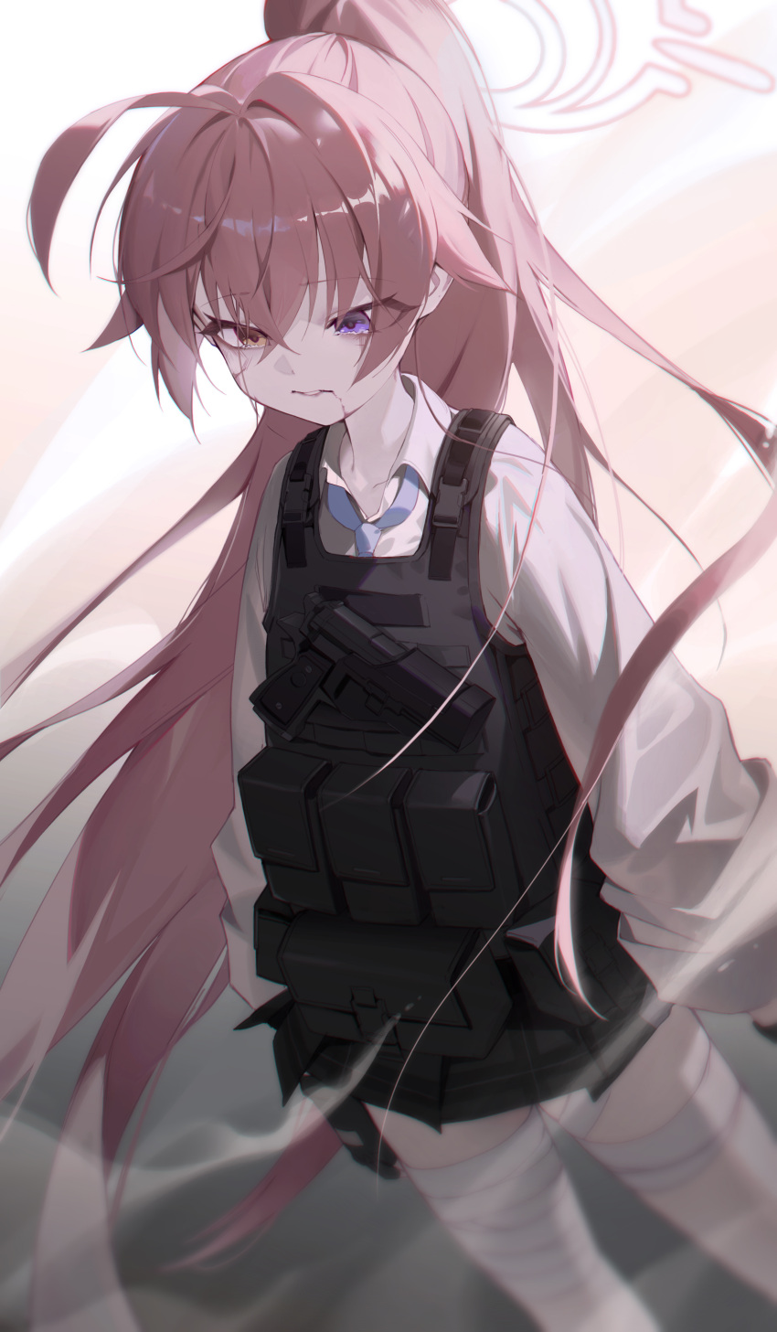 1girl, absurdres, ammunition_pouch, bandaged_leg, bandages, blood, blood_on_face, blue_archive