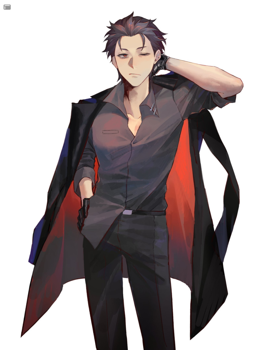 1boy, alternate_costume, black_hair, collared_shirt, contemporary, dress_pants, gloves, hair_slicked_back