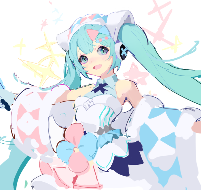 1girl, aqua_eyes, aqua_hair, argyle_clothes, argyle_sleeves, asymmetrical_sleeves, bad_id, bad_naver_id