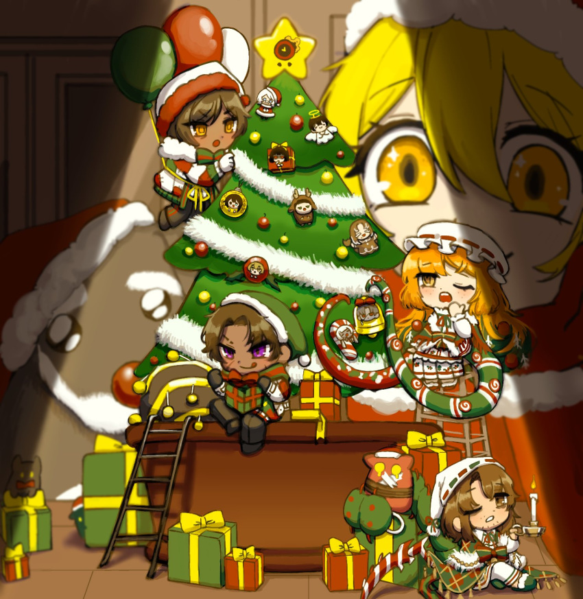 2boys, 3girls, brown_hair, character_doll, christmas_nightmare_(e.g.o), christmas_tree, dante_(limbus_company), dark-skinned_female, dark-skinned_male, dark_skin, dog, don_quixote_(project_moon), e.g.o_(project_moon), faust_(project_moon), gnome_(project_moon), gregor_(project_moon), hat, heathcliff_(project_moon), highres, holiday_(e.g.o), hong_lu_(project_moon), ishmael_(project_moon), ladder, limbus_company, long_hair, meursault_(project_moon), mini_person, miniboy, mob_cap, multiple_boys, multiple_girls, nra_3614, one_eye_closed, open_mouth, orange_hair, outis_(project_moon), peppermint, plant, potted_plant, project_moon, rodion_(project_moon), ryoshu_(project_moon), schnauzer, short_hair, sidelocks, sinclair_(project_moon), sparkling_eyes, star_(symbol), very_long_hair, white_hat, yellow_eyes, yi_sang_(project_moon)