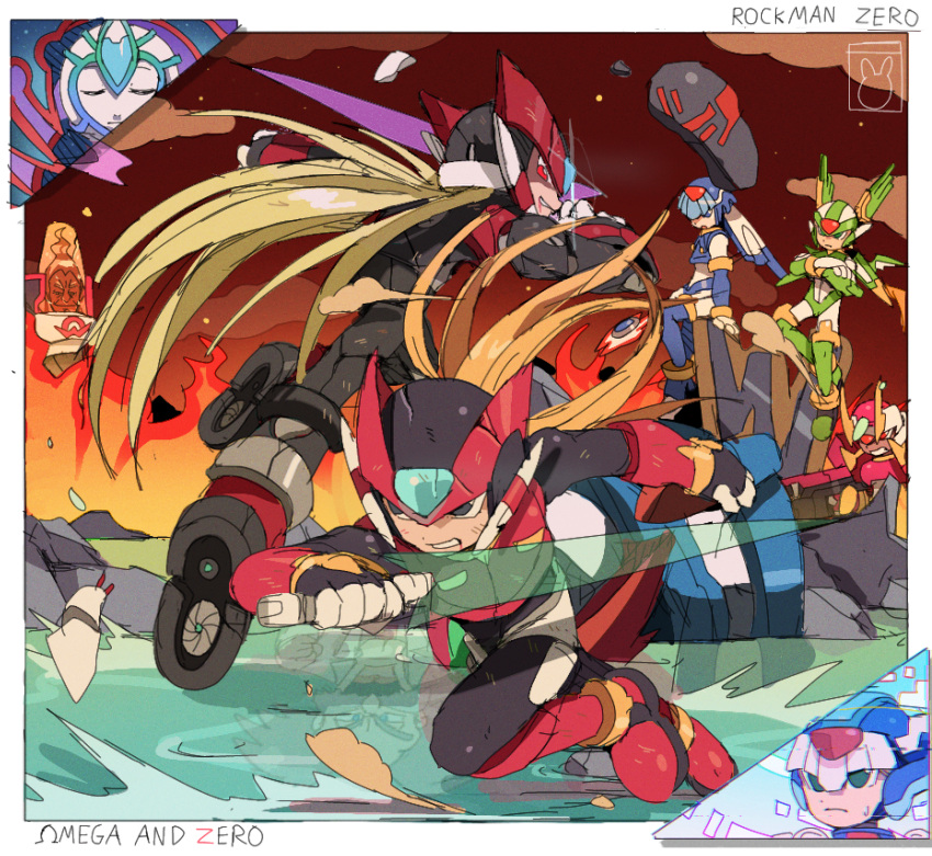 2girls, 6+boys, armor, bendedede, blonde_hair, broken_armor, brown_sky, bruise