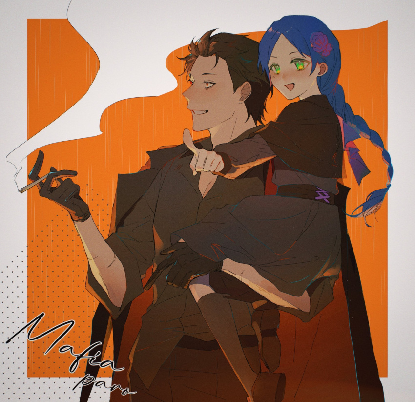 1boy, 1girl, alternate_costume, between_fingers, black_gloves, black_hair, black_jacket, black_pants, black_shirt, blue_hair, blush, braid, braided_ponytail, brown_footwear, carrying, carrying_person, child, child_carry, cigarette, collared_shirt, contemporary, dress, english_text, flower, gloves, green_eyes, hair_flower, hair_ornament, hair_slicked_back, highres, holding, holding_cigarette, jacket, jacket_on_shoulders, kneehighs, long_hair, long_sleeves, meili_portroute, natsuki_subaru, open_mouth, orange_background, pants, pointing, re:zero_kara_ayamatsu_isekai_seikatsu, re:zero_kara_hajimeru_isekai_seikatsu, shirt, short_hair, sleeves_rolled_up, smile, smoke, smoke_trail, smoking, socks, span_(shibanyu63868)