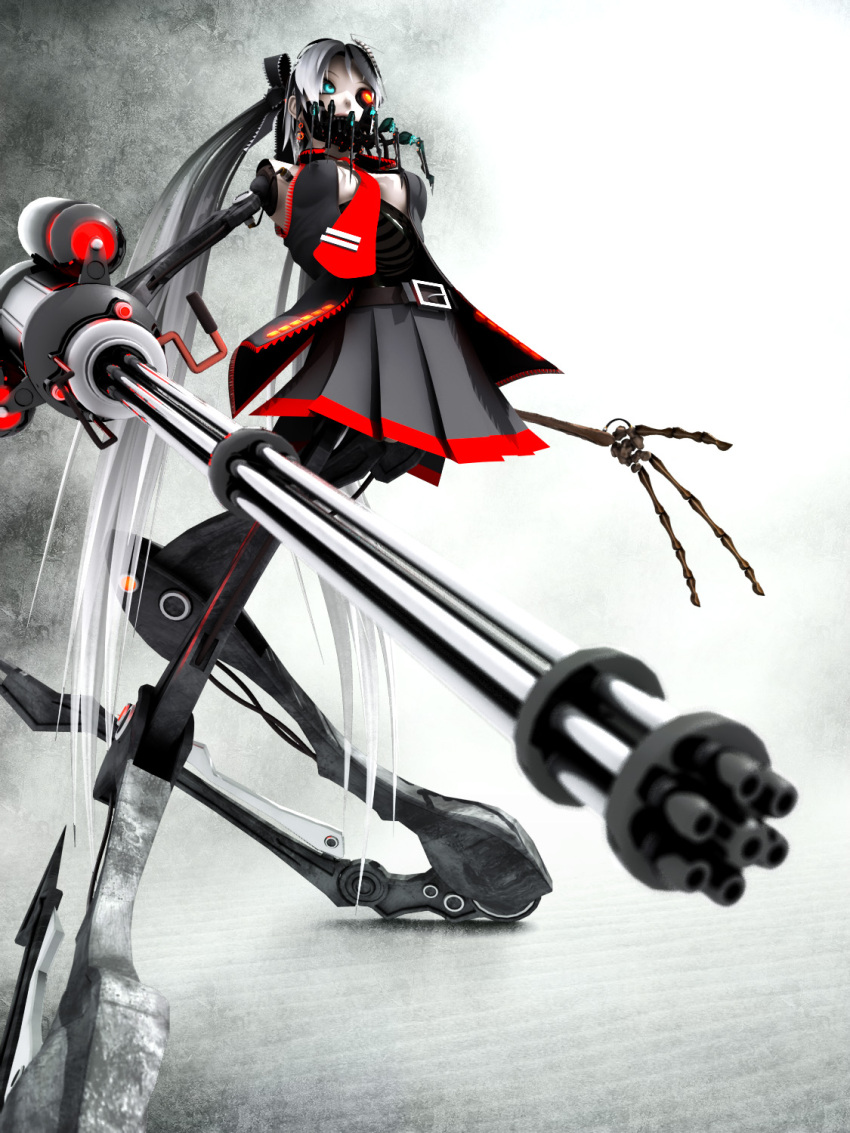 bone, breasts, calne_ca, cleavage, cosplay, crustacean, foreshortening, gatling_gun, gun, hatsune_miku, hatsune_miku_(cosplay), highres, isopod, karune_ca, karune_calcium, karune_cl, maeda_koutarou, nato-kun, necktie, original, skirt, twintails, vocaloid, weapon