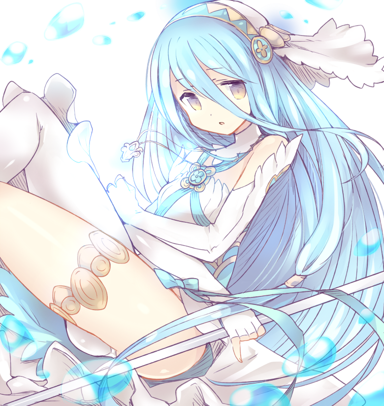 1girl, asymmetrical_legwear, azura_(fire_emblem), bare_shoulders, blue_hair, fingerless_gloves, fire_emblem, fire_emblem_fates