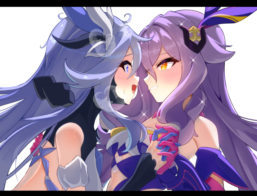 2girls, absurdres, bare_shoulders, bella_(honkai_impact), benares_(honkai_impact), blue_eyes, blue_hair, blush