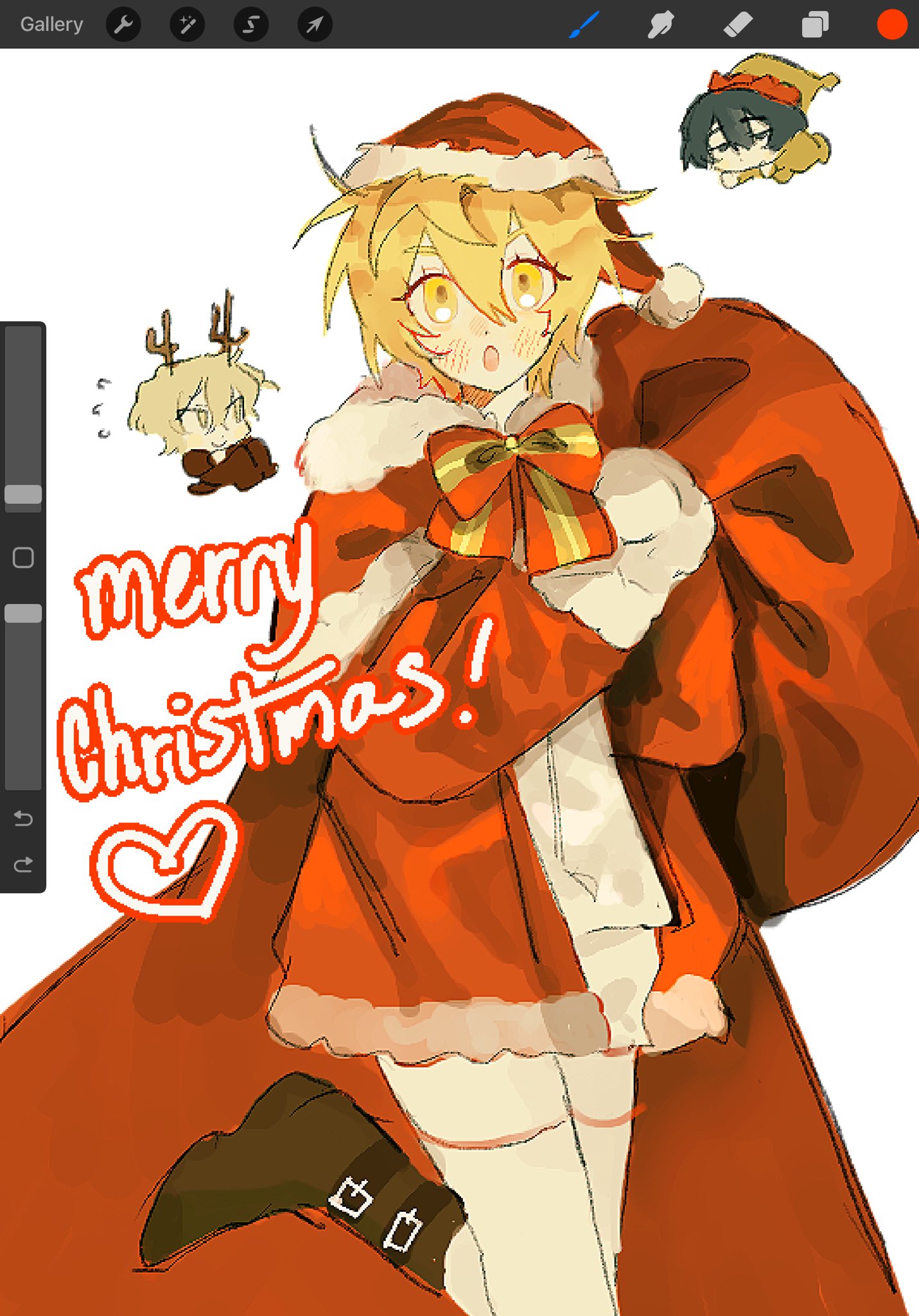 1girl, 2boys, akechisu1, black_footwear, blonde_hair, blush, boots, christmas