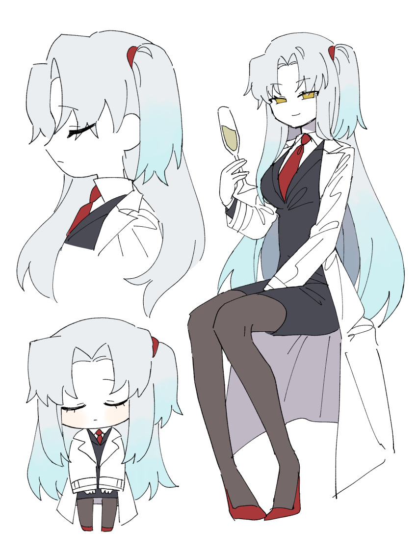 1girl, angela_(project_moon), black_skirt, black_vest, blue_hair, brown_pantyhose, champagne_flute, cup, drinking_glass, grey_hair, highres, kitaku_(ienikaeru), lobotomy_corporation, long_hair, looking_at_viewer, multiple_views, necktie, one_side_up, pantyhose, pencil_skirt, project_moon, red_necktie, sidelocks, simple_background, skirt, very_long_hair, vest, white_background