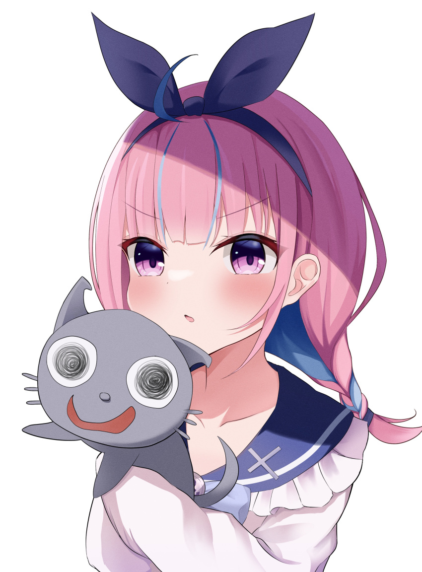 1girl, absurdres, ahoge, animal_hug, blue_hairband, blush, bow, braid