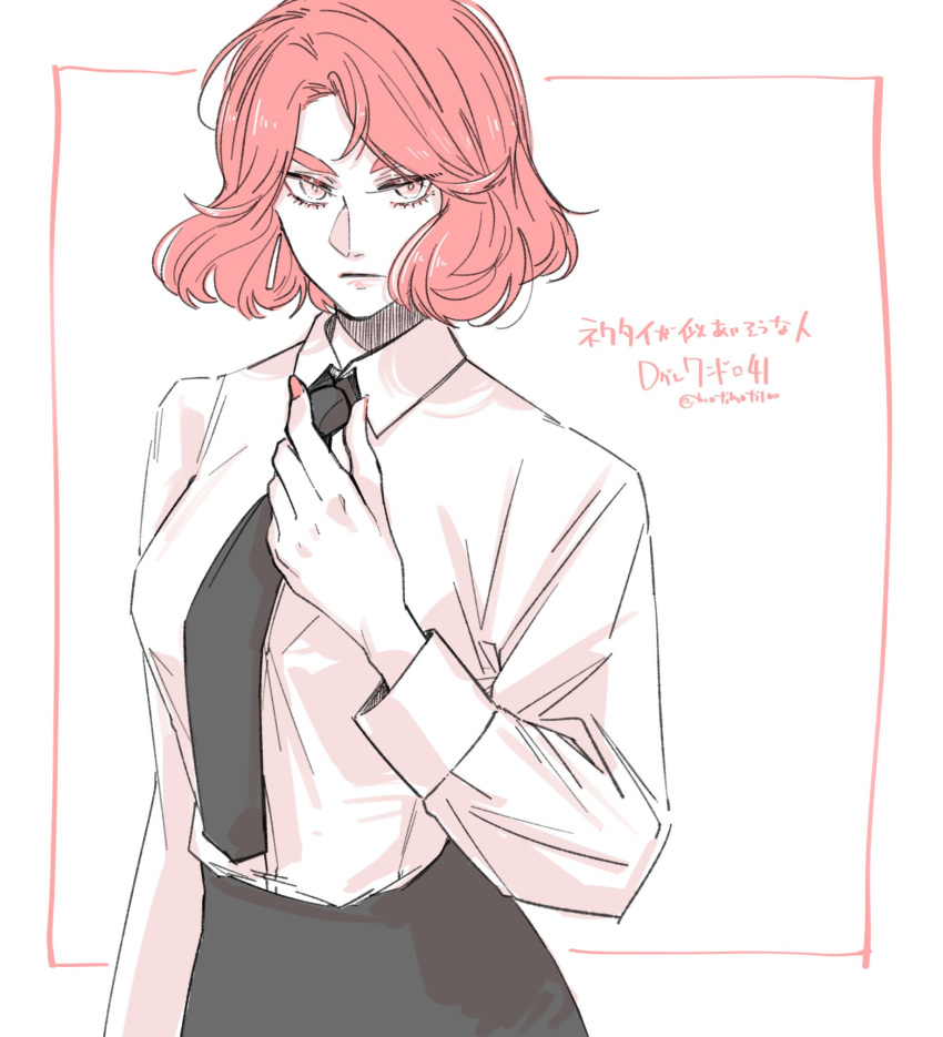 1girl, black_necktie, black_pants, bridget_faye, closed_mouth, clothes_grab, d.gray-man, dress_shirt, earrings, highres, jewelry, kozuuu, looking_to_the_side, mature_female, necktie, pants, pink_eyes, red_nails, redhead, scowl, shirt, short_hair, solo, white_shirt