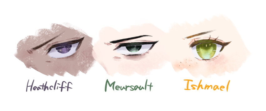 1girl, 2boys, absurdres, character_name, dark-skinned_male, dark_skin, eye_focus, freckles, green_eyes, heathcliff_(project_moon), highres, ishmael_(project_moon), jitome, limbus_company, meursault_(project_moon), multiple_boys, project_moon, simple_background, tokeyukumikan, v-shaped_eyebrows, violet_eyes, white_background