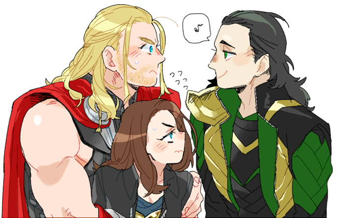 1girl, 2boys, animification, armor, bare_shoulders, beard, black_armor, black_hair, black_jacket, black_shirt, blonde_hair, blue_eyes, blue_shirt, blush, braid, brothers, brown_hair, cape, chanko_neru, closed_mouth, commentary_request, facial_hair, fingernails, flying_sweatdrops, green_eyes, half-closed_eyes, jacket, jane_foster, loki_(marvel), long_hair, long_sleeves, looking_at_another, marvel, marvel_cinematic_universe, medium_hair, multiple_boys, muscular, muscular_male, musical_note, open_clothes, open_jacket, red_cape, shirt, short_hair, siblings, simple_background, smile, speech_bubble, spoken_musical_note, sweatdrop, thor_(marvel), upper_body, v-shaped_eyebrows, white_background