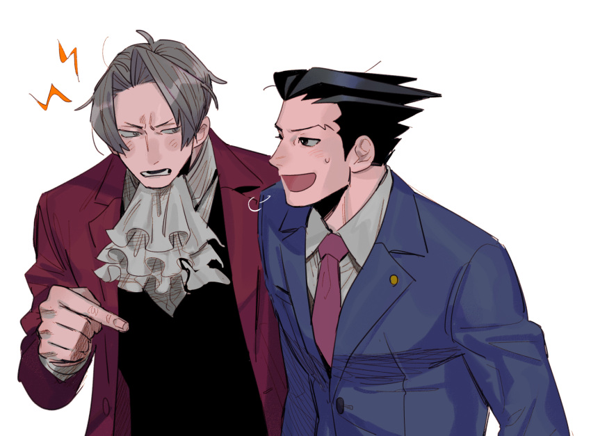 2boys, ace_attorney, ascot, black_hair, black_vest, blue_jacket, brown_eyes, buttons