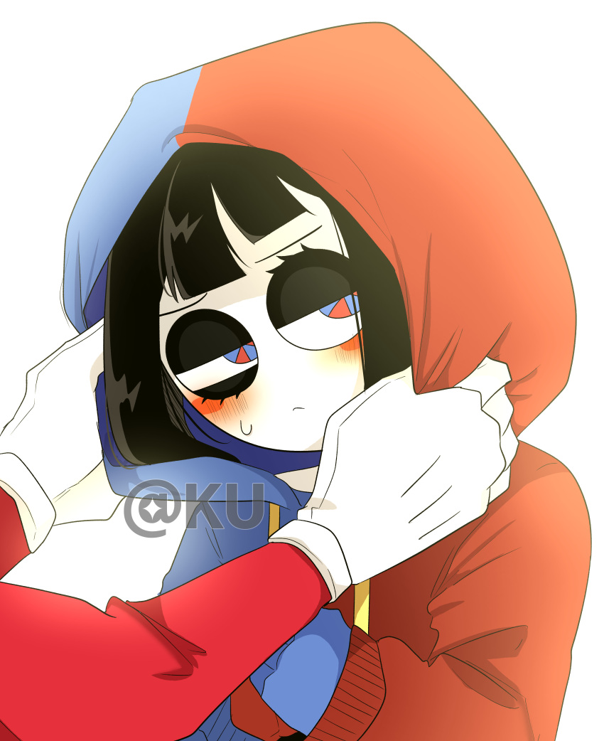 1boy, 1girl, absurdres, alternate_costume, asymmetrical_gloves, blush, blush_stickers, brown_hair, caine_(the_amazing_digital_circus), embarrassed, gloves, highres, hood, hoodie, jester, kuanime, mismatched_gloves, multicolored_clothes, multicolored_hoodie, pomni_(the_amazing_digital_circus), red_sleeves, simple_background, squinting, sweatdrop, tagme, the_amazing_digital_circus, twitter_username, two-tone_eyes, white_background, white_gloves