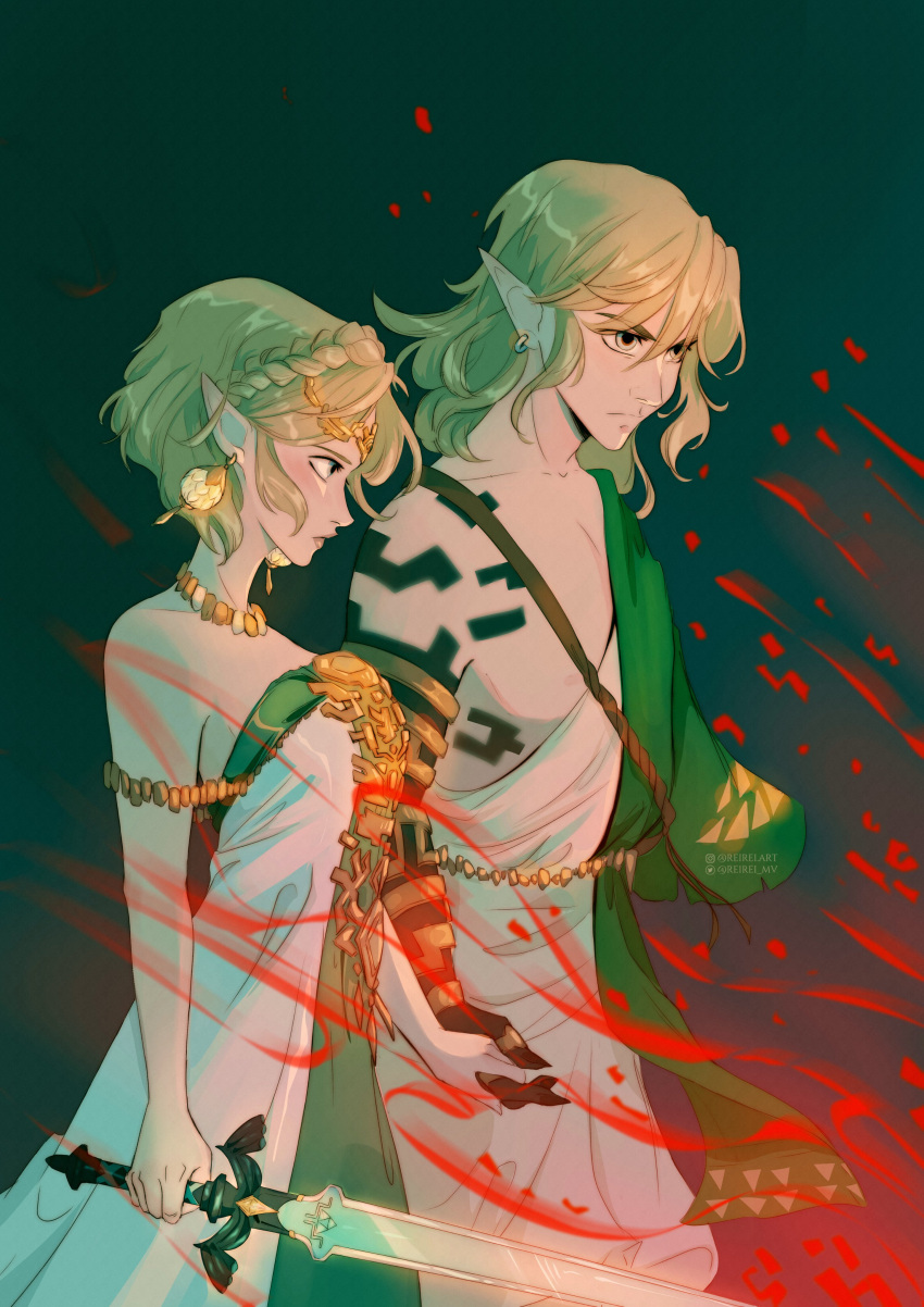1boy, 1girl, absurdres, arm_tattoo, bare_shoulders, blonde_hair, blood, braid