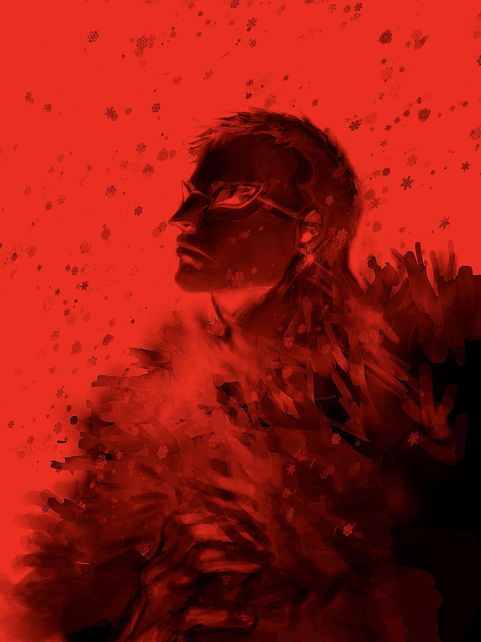1boy, closed_mouth, commentary, commentary_request, donquixote_doflamingo, earrings, feather_cape, highres, jewelry, looking_up, male_focus, one_piece, profile, red_theme, shiibeex, short_hair, simple_background, snowing, solo, sunglasses, upper_body