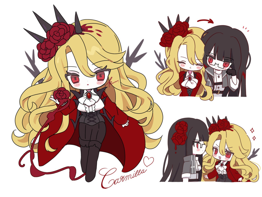2girls, 9_wapuwapu, :d, arrow_(symbol), ascot, black_footwear, black_pants, blonde_hair