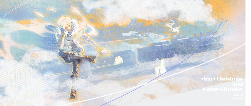 1boy, allen_walker, black_footwear, blue_pants, boots, coat, d.gray-man, facial_mark