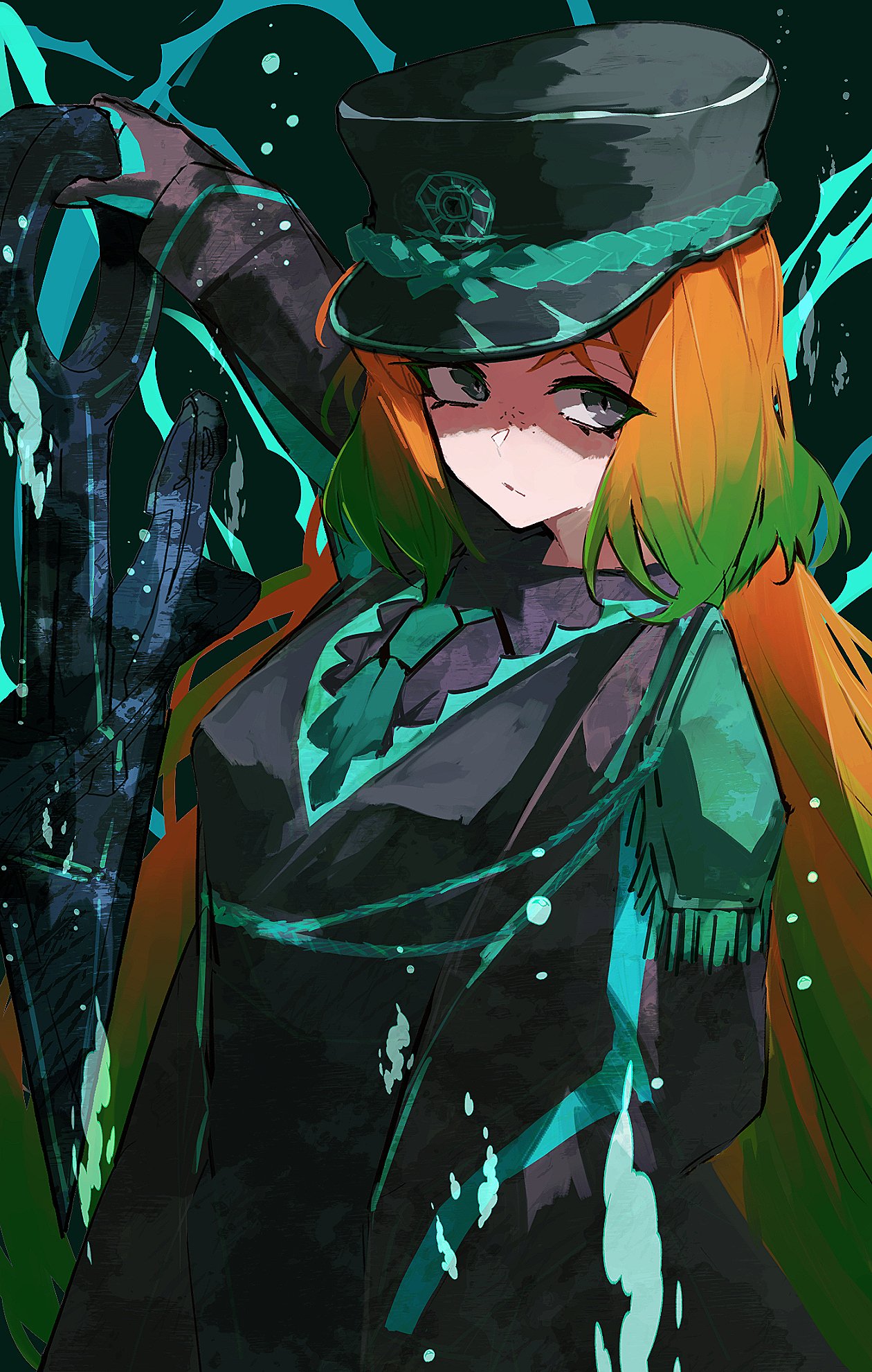 1girl, aiguillette, arms_behind_back, black_shirt, blind_obsession_(e.g.o), collared_shirt, e.g.o_(project_moon), epaulettes, formal_clothes, freckles, gradient_hair, green_hair, green_necktie, grey_eyes, hat, highres, ishmael_(project_moon), limbus_company, long_hair, multicolored_hair, nakame77, necktie, orange_hair, peaked_cap, project_moon, shirt, solo, upper_body, very_long_hair, vest