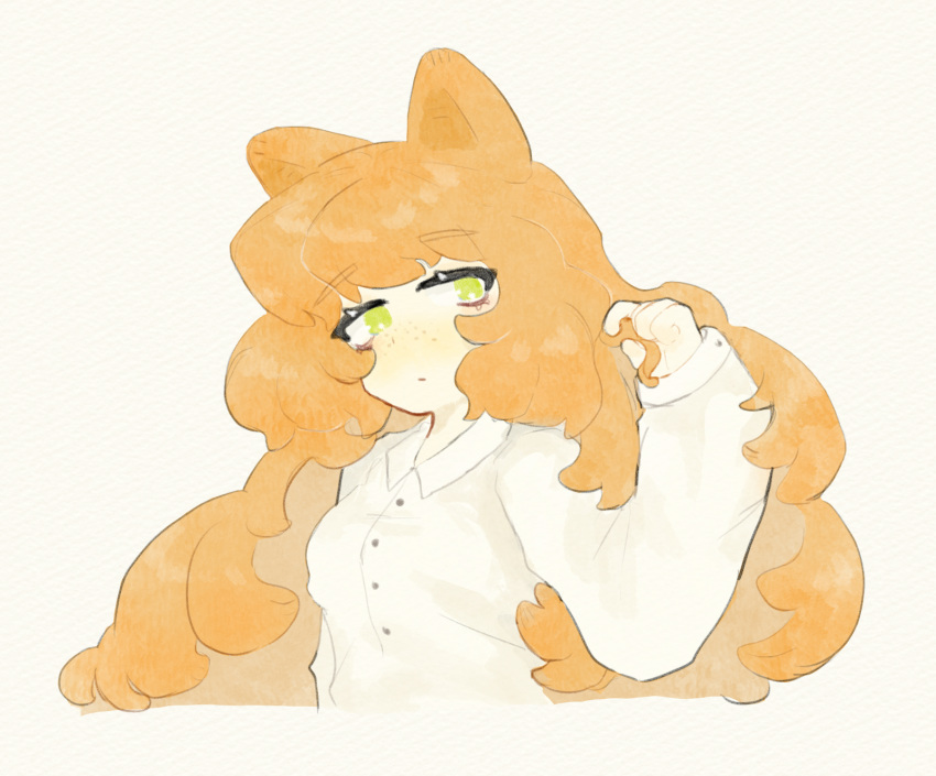 1girl, animal_ears, buttons, cat_ears, cat_girl, collared_shirt, cropped_torso, dress_shirt
