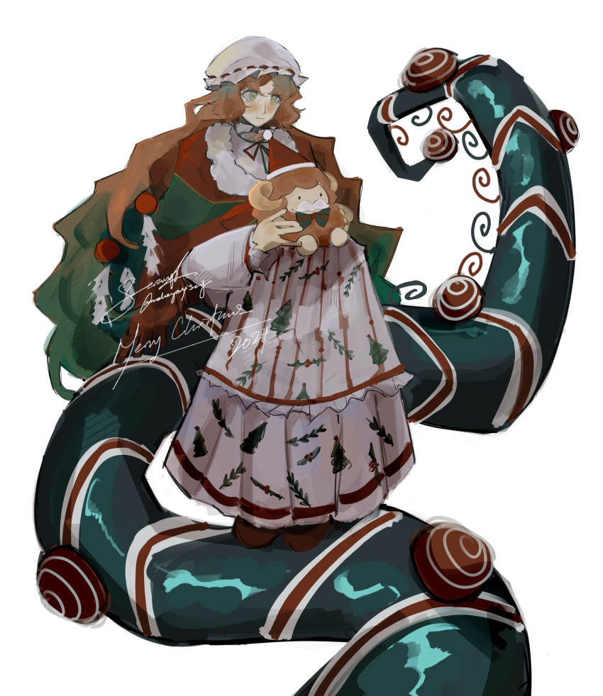 1girl, brown_footwear, candy, christmas_nightmare_(e.g.o), christmas_tree_print, dress, e.g.o_(project_moon), facial_hair