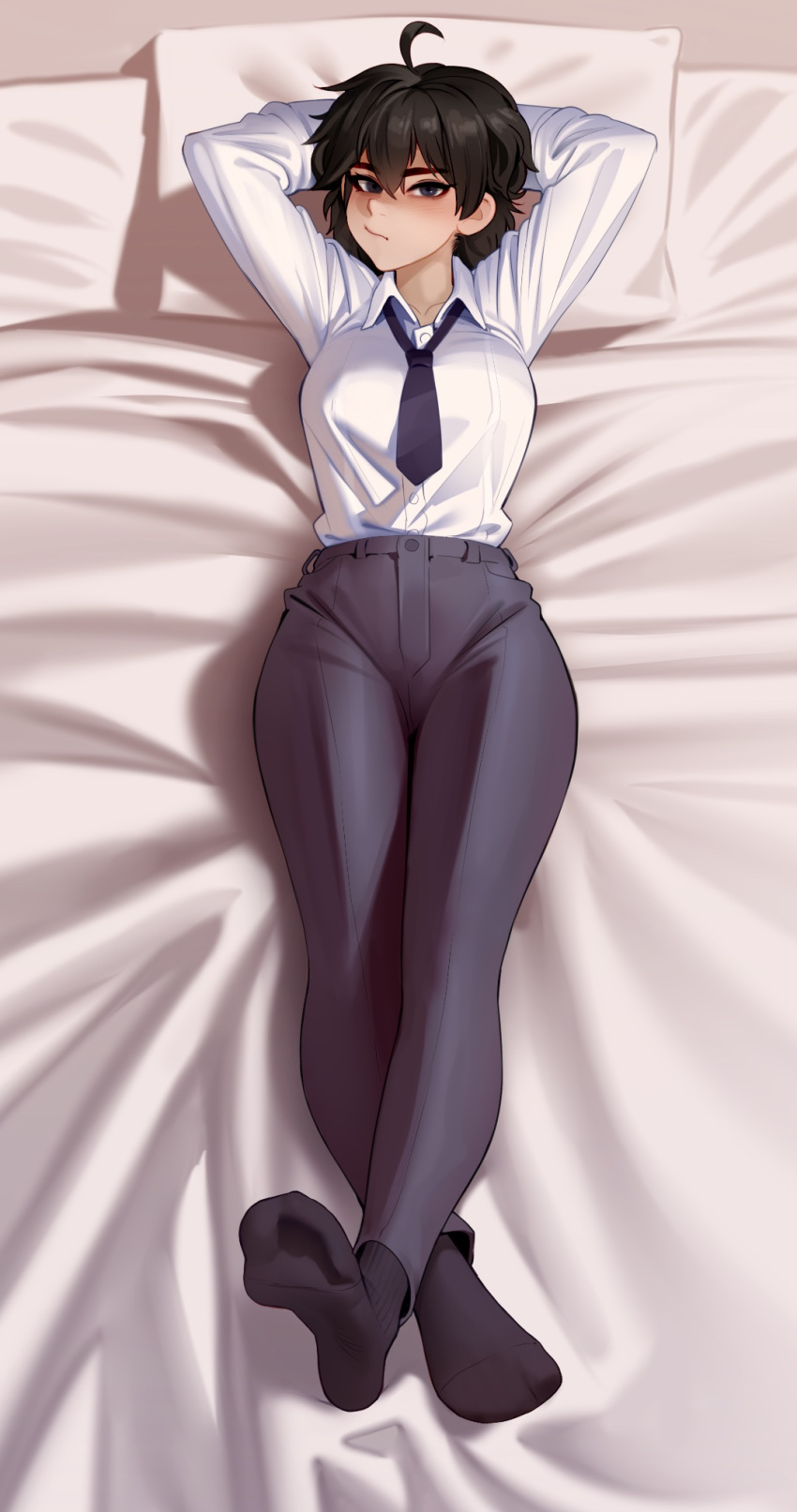 1girl, ahoge, arms_behind_head, bed, bed_sheet, black_hair, black_pants, blue_eyes