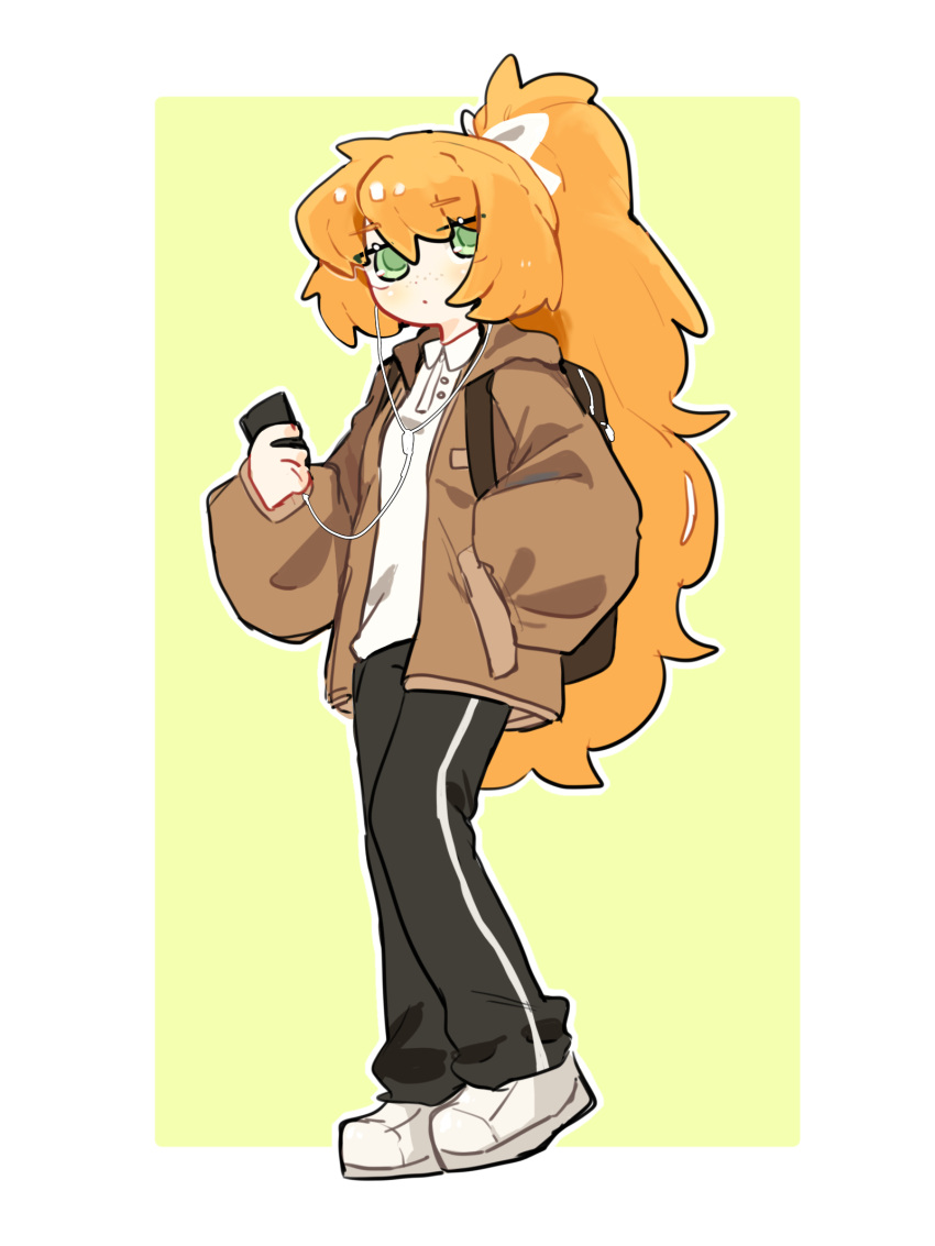 1girl, backpack, bag, black_pants, brown_bag, brown_jacket, collared_shirt, earphones, earphones, freckles, green_eyes, hand_in_pocket, highres, holding, holding_phone, ishmael_(project_moon), jacket, limbus_company, long_hair, long_sleeves, open_clothes, open_jacket, orange_hair, pants, phone, polo_shirt, ponytail, project_moon, shirt, shoes, simple_background, sneakers, solo, track_pants, very_long_hair, white_footwear, white_shirt, zhoufuyefu