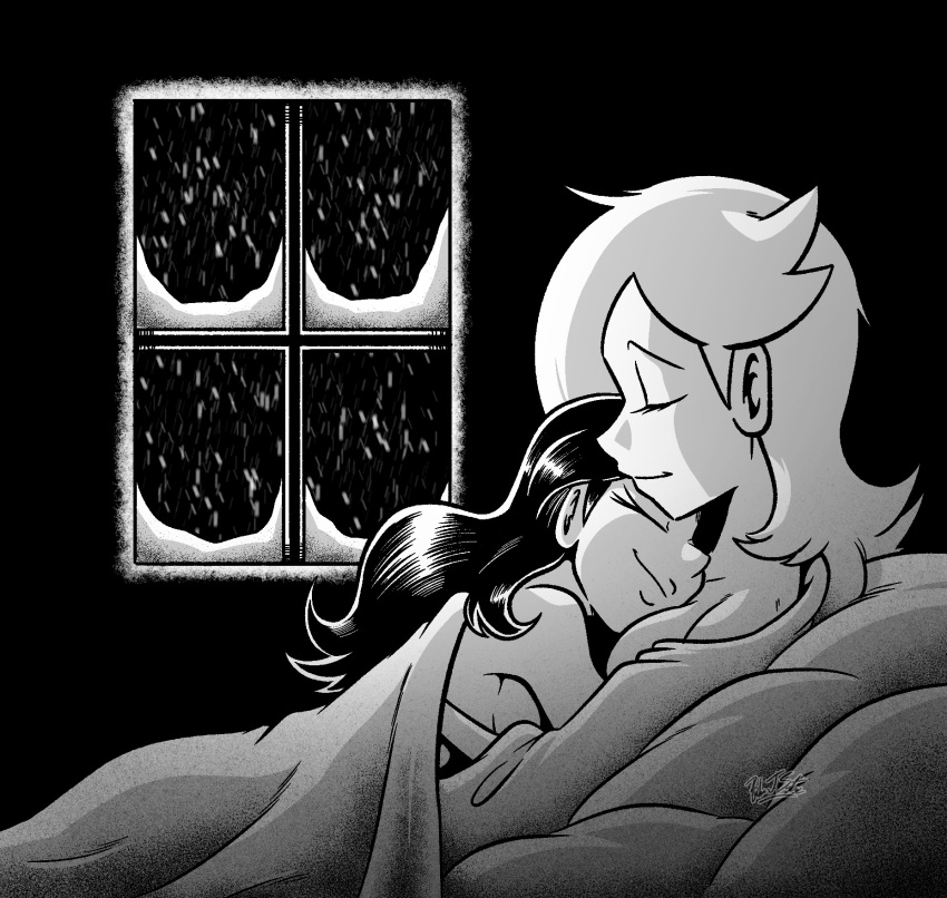 bad_link, bare_shoulders, bed, black_background, blonde_hair, brandon_santiago, breasts, brown_hair